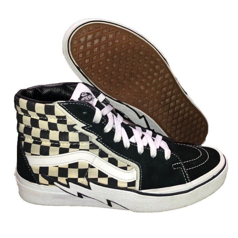 Vans Sneakers Sk8-Hi Lightning Bolt White Black Check Suede Canvas M 8 W 9.5